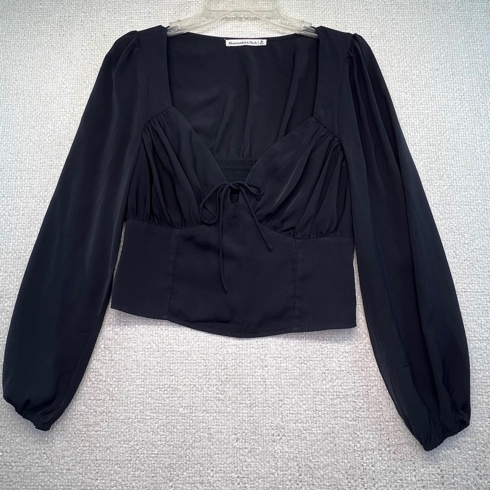 Abercrombie & Fitch Women's Square Neck Tie Front Long Sleeve Top Black‎ Medium